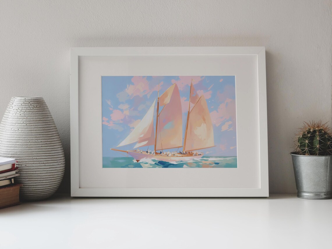Classic Sailboat Full White Sails Turquoise Sea Nautical Art Poster - Image 4