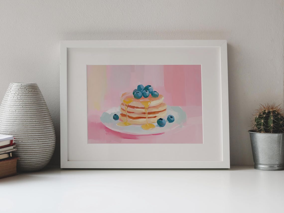 Tall Pancake Stack Golden Syrup Dripping Blueberries Art Poster - Image 4