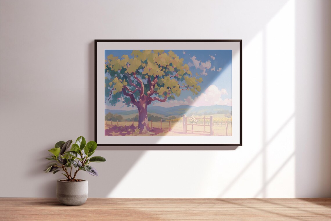 Spreading Tree Golden Meadow Wooden Fence Rolling Hills Art Poster - Image 3