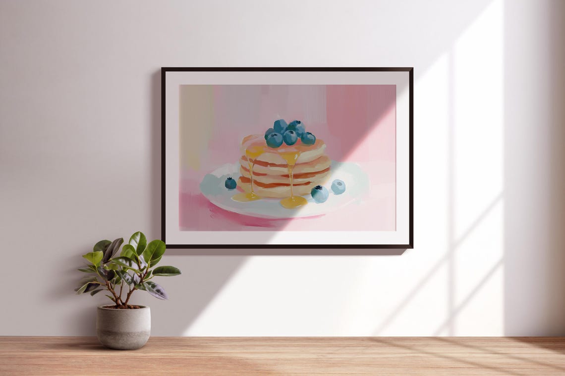 Tall Pancake Stack Golden Syrup Dripping Blueberries Art Poster - Image 3