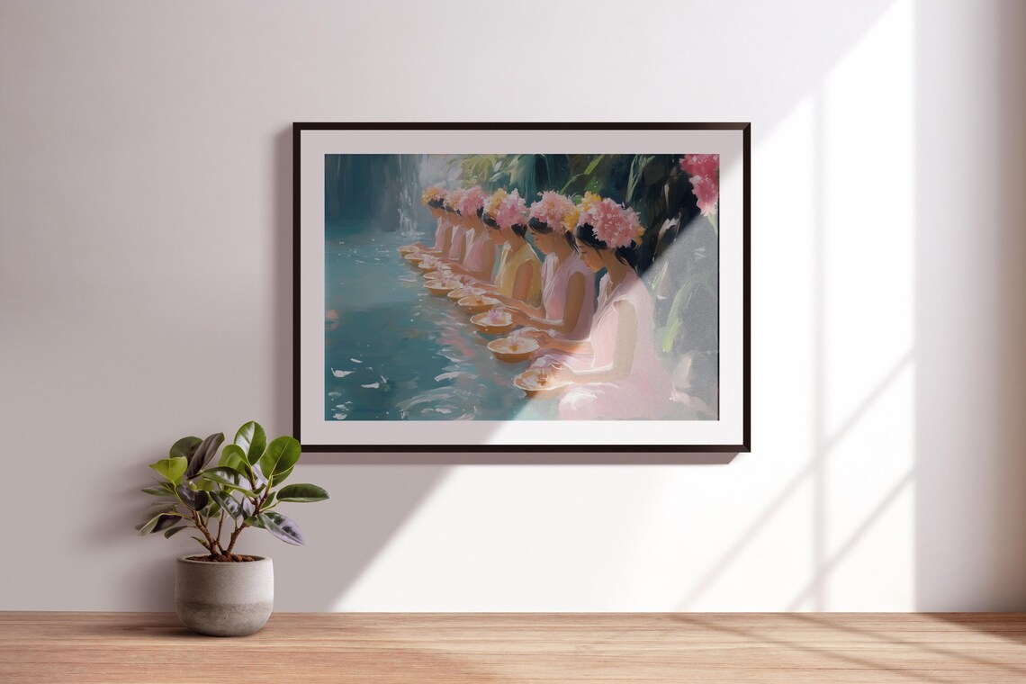 Bali Prayer Women Flower Crowns Offering Bowls Temple Pool Tropical Poster - Image 3