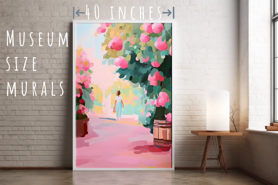 Woman Walking Rose Garden Path Pink Blooms Spring Wall Art Print - Image 5