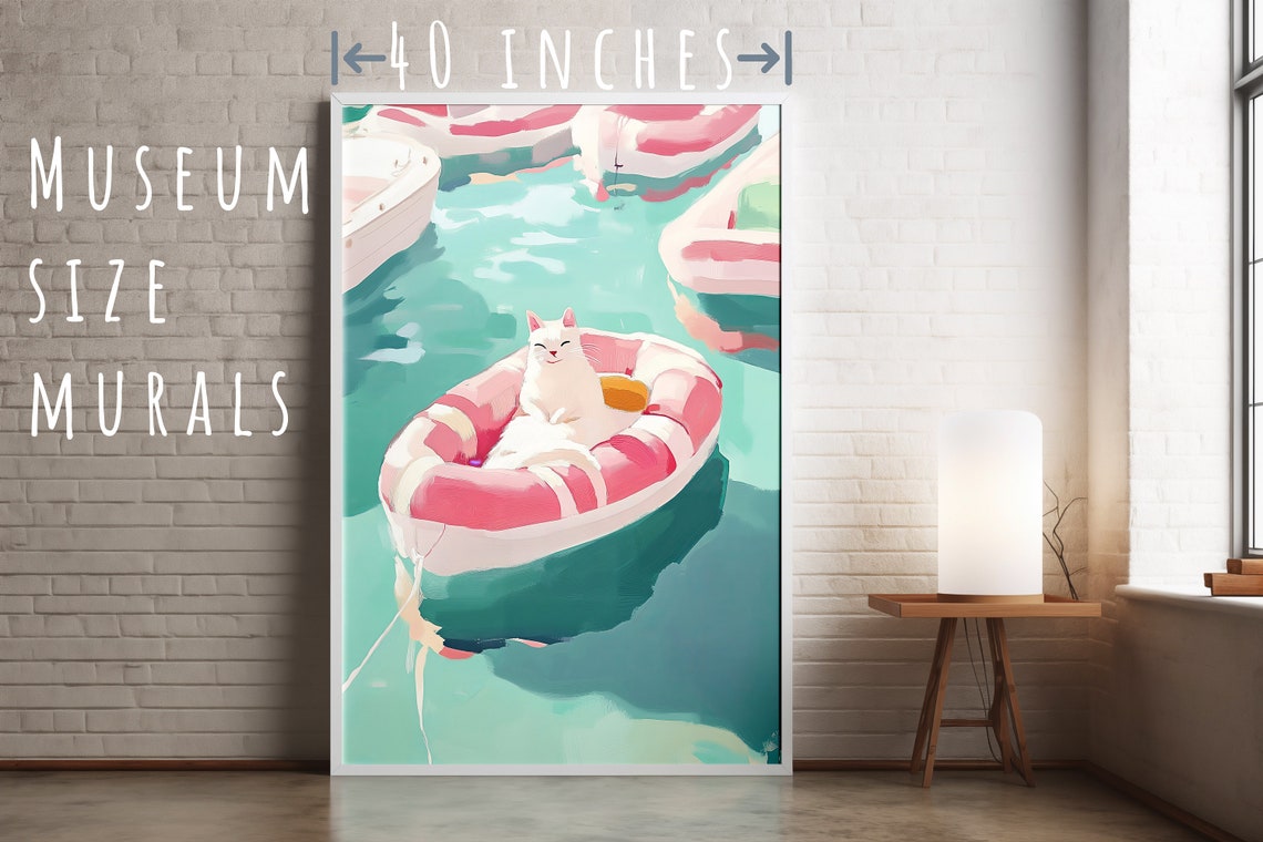 Funny White Cat Lounging on Pink Pool Float Summer Art Poster - Image 5
