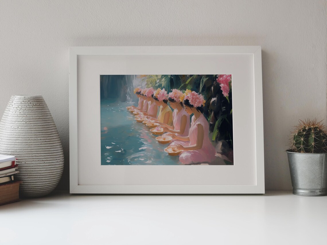 Bali Prayer Women Flower Crowns Offering Bowls Temple Pool Tropical Poster - Image 4