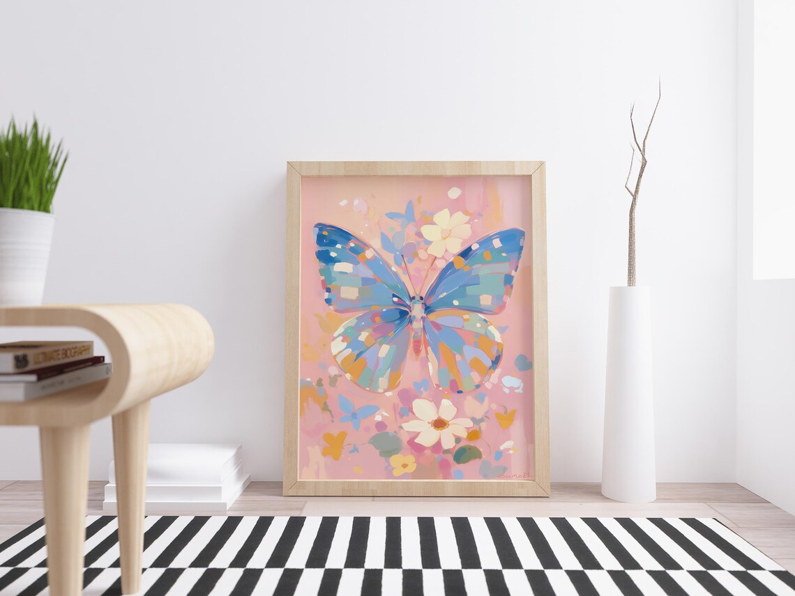Blue Butterfly Colorful Wings Pink Floral Background Insect Art Poster - Image 4