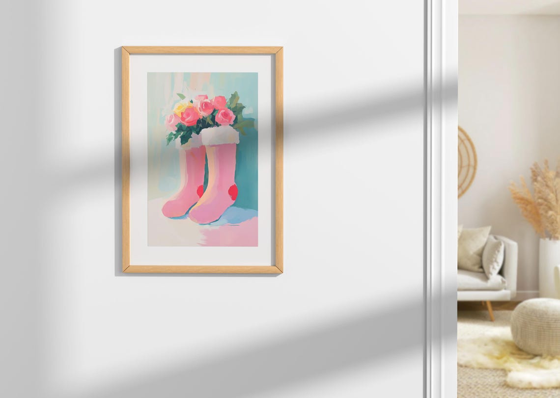 Pink Boots Red Hearts Rose Bouquet Sweet Floral Still Life Poster - Image 2