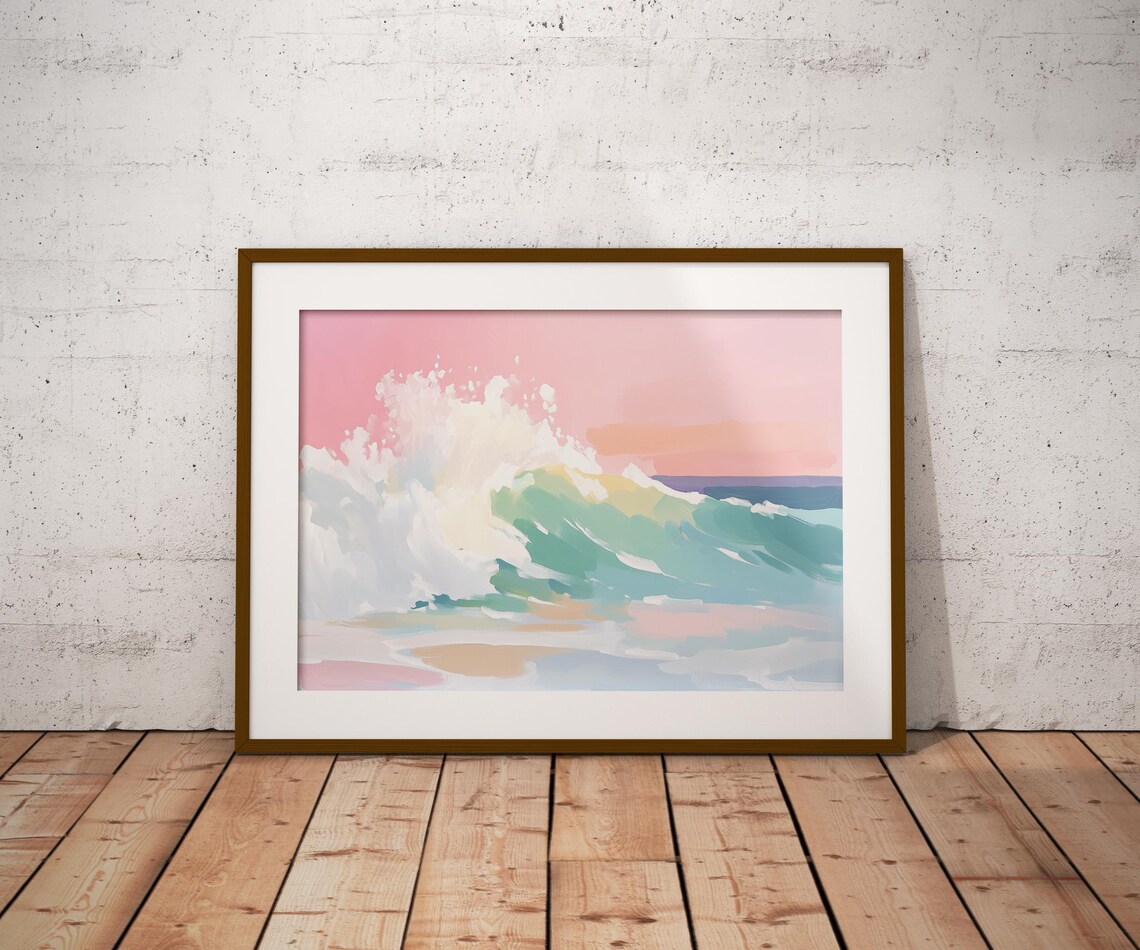 Pastel Ocean Wave Crashing On Beach Pink Sunset Sky Coastal Painting Poster - Image 2