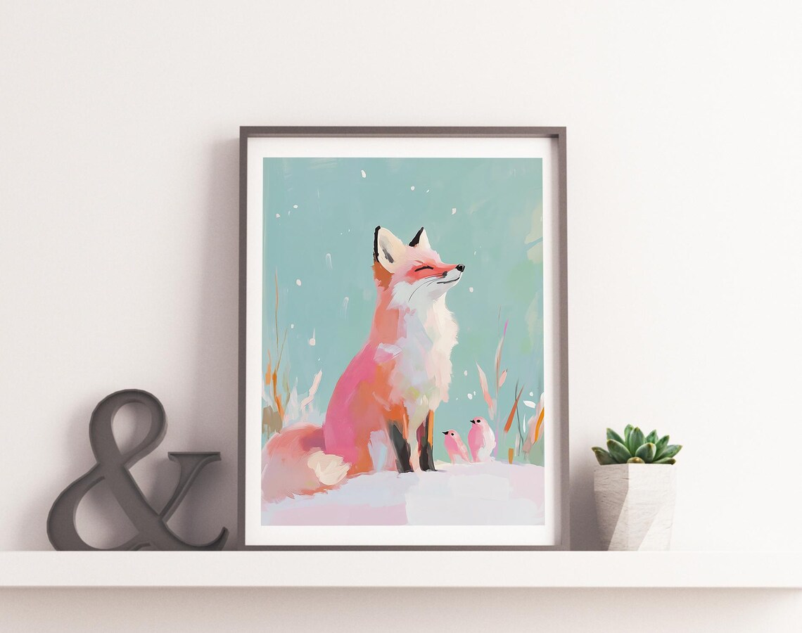 Pink Fox Sitting In Snow With Two Birds Pastel Winter Painting Poster - Image 4