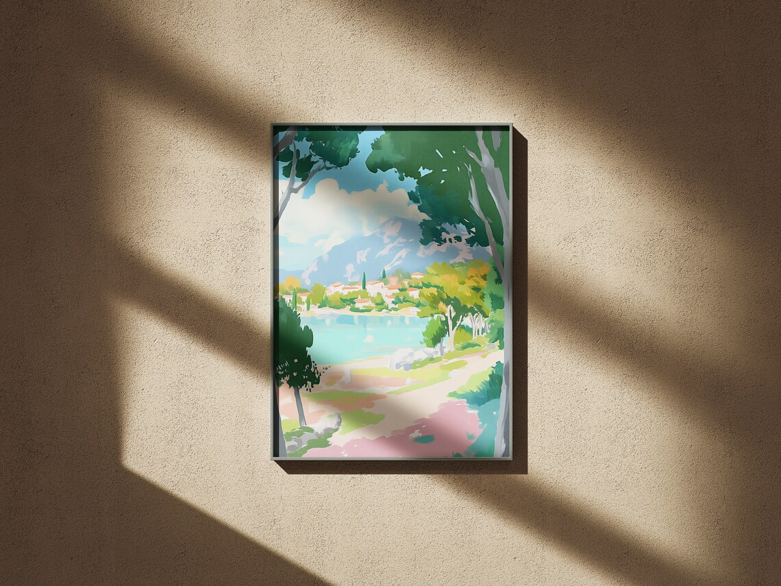 Mediterranean Coastal Town Across Turquoise Bay Trees Pastel View Poster - Image 4