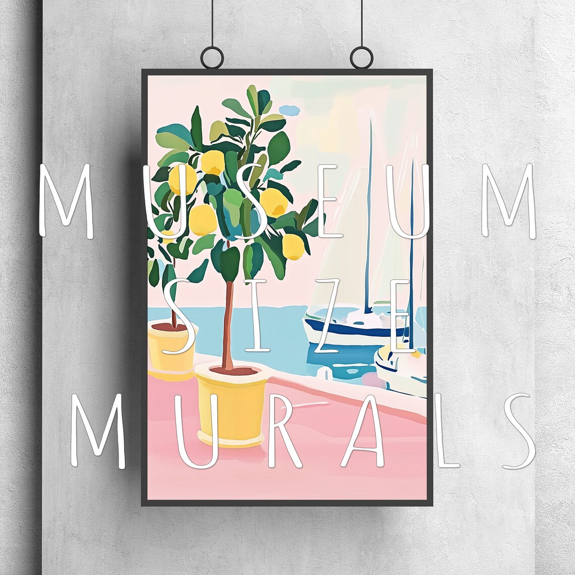 Potted Lemon Trees on Pink Terrace Overlooking Sailboat Sea View Poster - Image 3