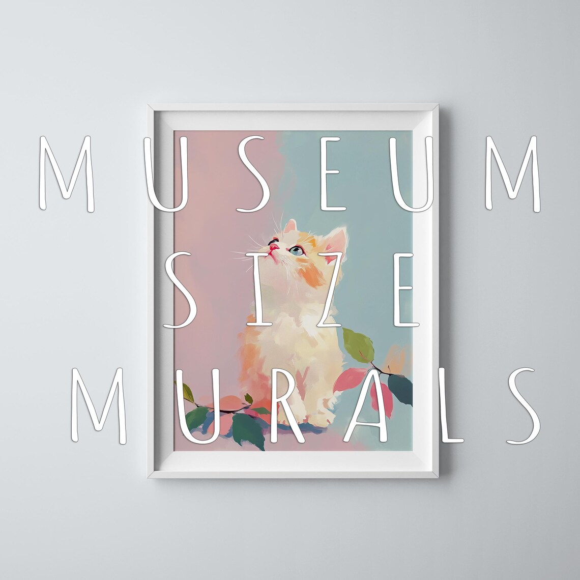 Cute Kitten Looking Up Pastel Pink Blue Sweet Cat Portrait Wall Art Print - Image 3