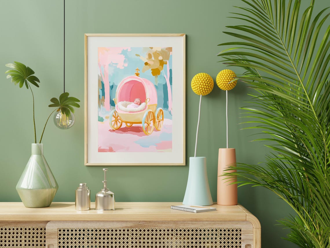 Vintage Pink Baby Pram With Sleeping Baby Pastel Nursery Art Poster - Image 2