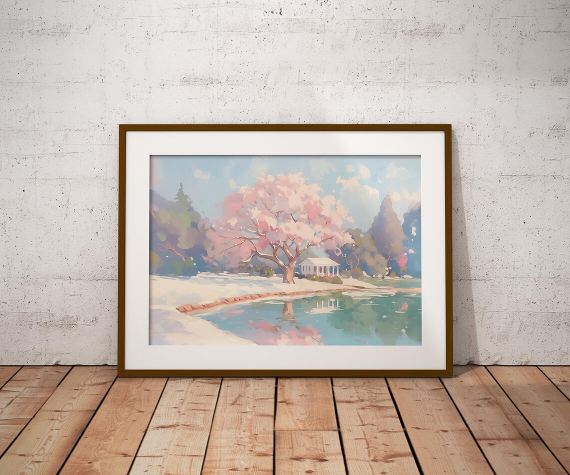Cherry Blossom Tree Lake Reflection White Gazebo Snow Spring Landscape Poster - Image 2