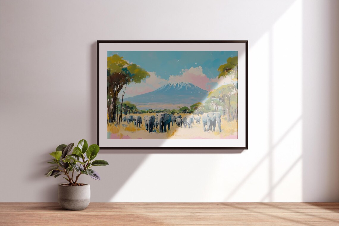 Elephants Crossing Savannah Snow Capped Mount Kilimanjaro Africa Wildlife Poster - Image 3