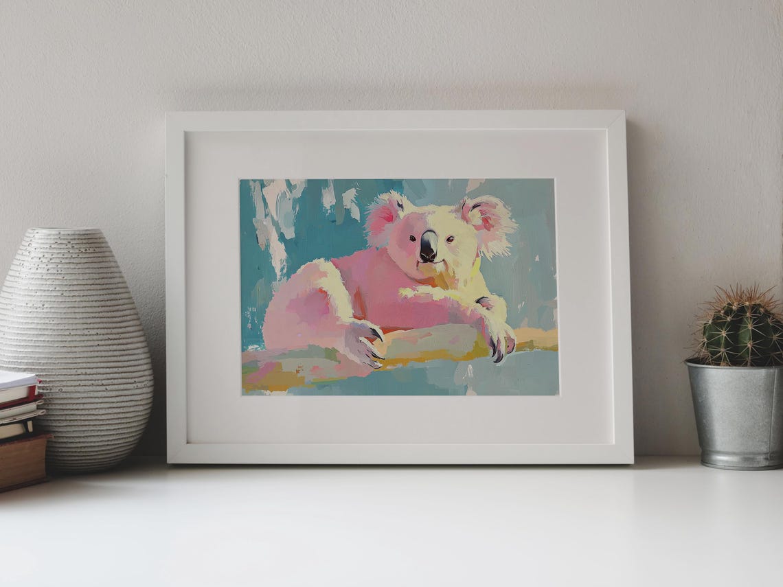 Relaxed Pink Koala on Branch Pastel Teal Cute Animal Wall Art Print - Image 4