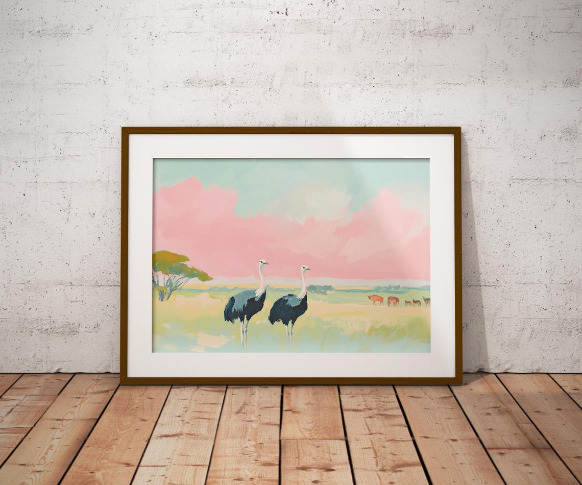 Savannah Ostrich Soft Pastel Painting Ostrich Nursery Art Pink Animal Painting Ostrich Pastel Watercolor Ostrich Savannah Art Print - Image 2