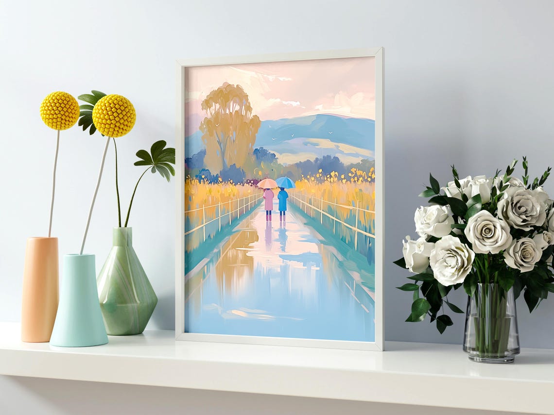 Two Figures With Umbrellas On A Rainy Golden Path Mountain View Poster - Image 2