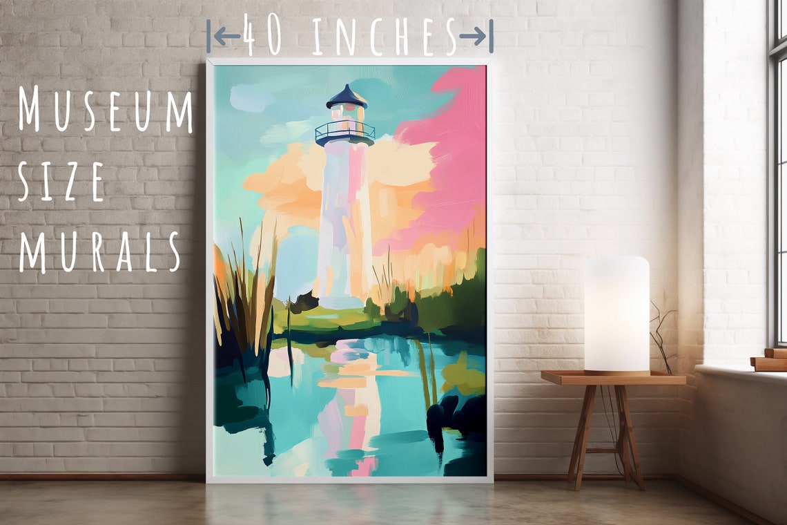 White Lighthouse Pastel Sunset Sky Coastal Harbor Wall Art Print - Image 5