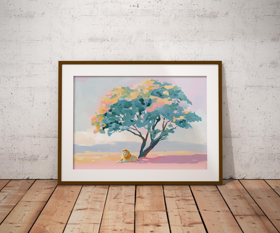 Lion Resting Under Big Pastel Tree Pink Savanna Wildlife Painting Poster - Image 2
