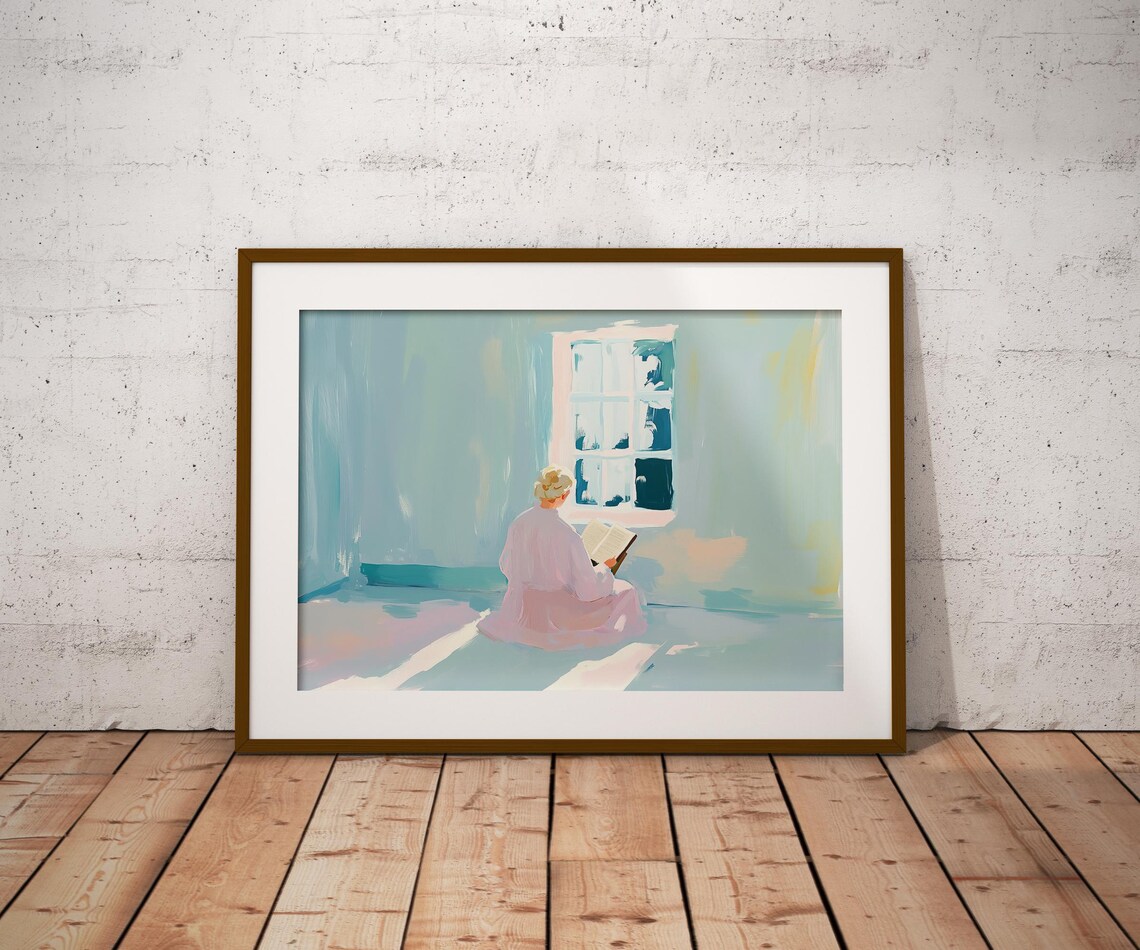 Woman Reading Book By Sunlit Window Pastel Painting Quiet Room Art Poster - Image 2