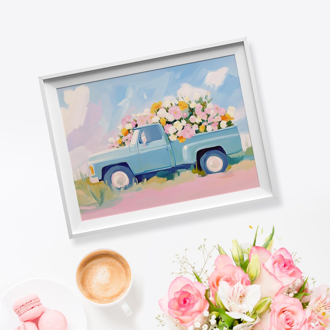 Vintage Blue Pickup Truck Full Of Flowers Pastel Spring Painting Poster - Image 5