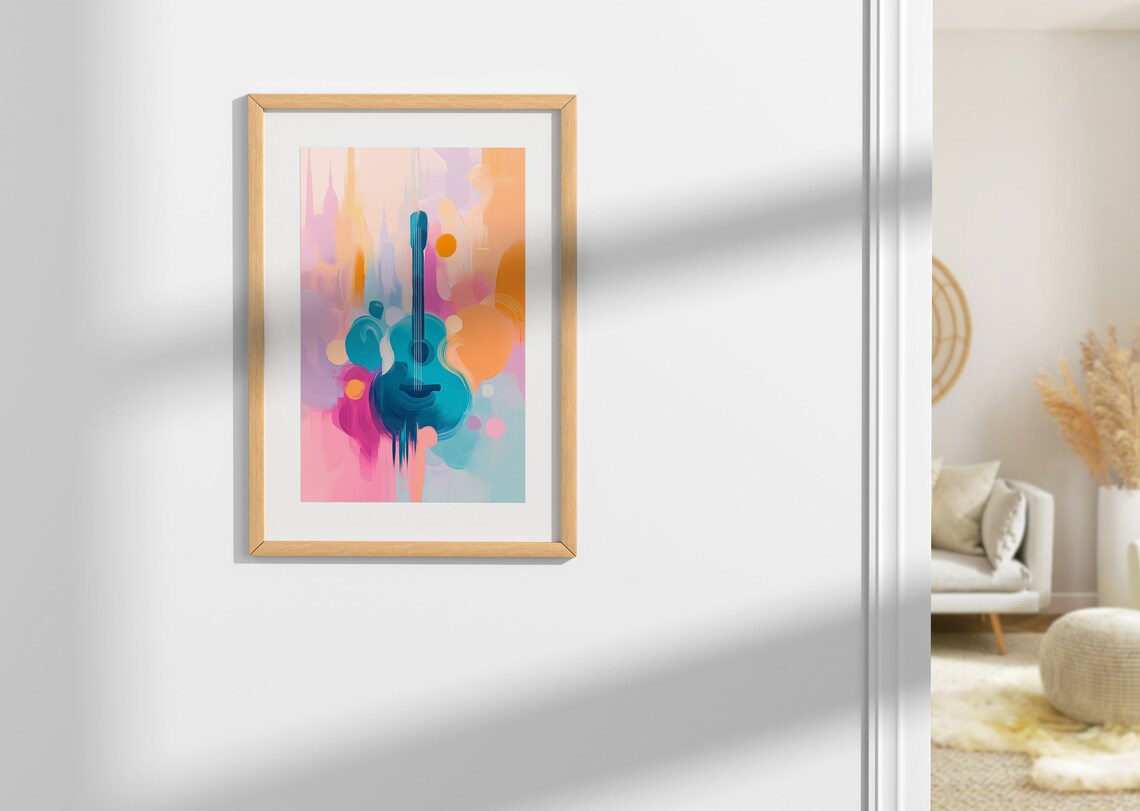 Teal Acoustic Guitar Colorful Abstract Pastel Music Art Poster - Image 2