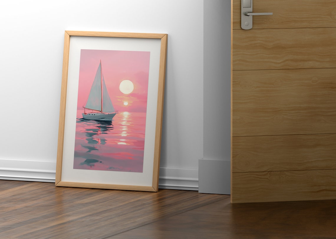 Sailboat on Pink Sunset Ocean Coastal Seascape Wall Art Poster Print - Image 2