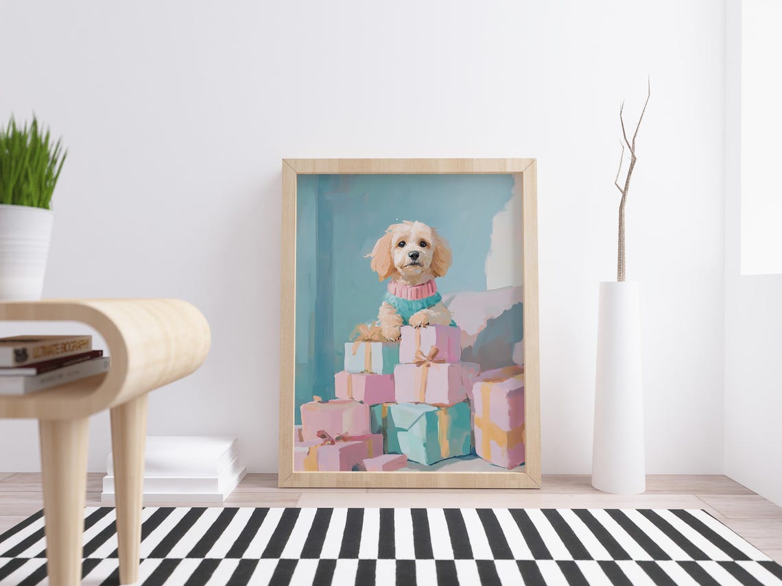 Fluffy Cream Puppy In Sweater Sitting Among Pastel Gift Boxes Poster - Image 2
