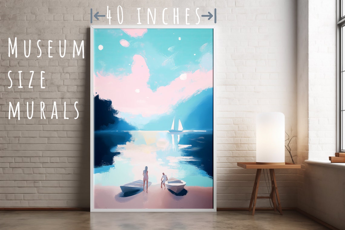 Pastel Beach Sailboat Pink Shore Turquoise Water Wall Art Print - Image 5
