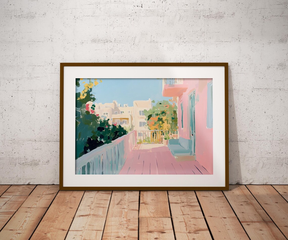 Pink Balcony Terrace Overlooking Sunny City Buildings Pastel View Poster - Image 4