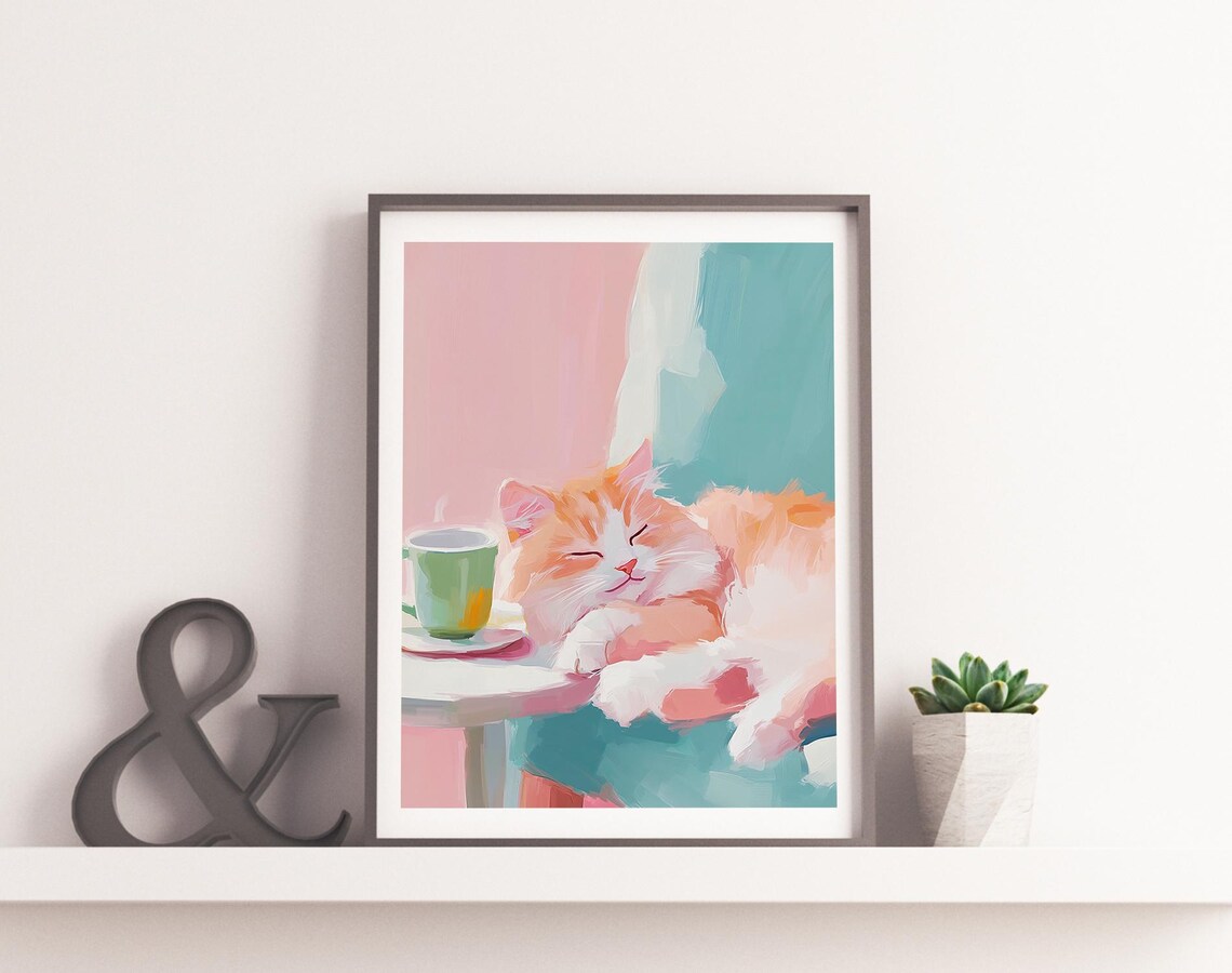 Sleepy Orange Cat Next to Coffee Cup Pastel Cozy Wall Art Print - Image 4