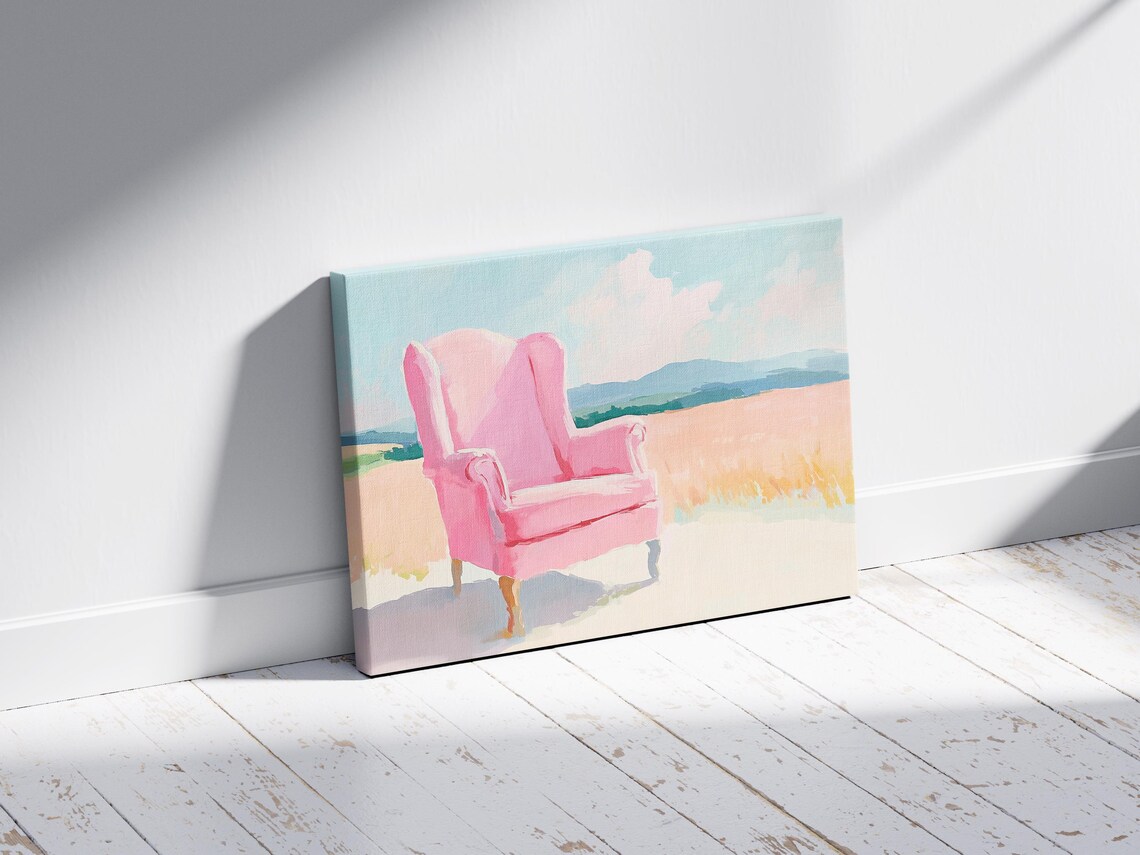 Pink Wingback Armchair in Golden Meadow Pastel Reading Nook Wall Poster - Image 2