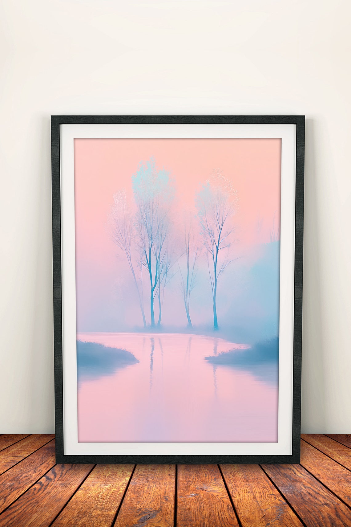 Soft Pink Lake Misty Bare Trees Reflection Pastel Nature Print - Image 2