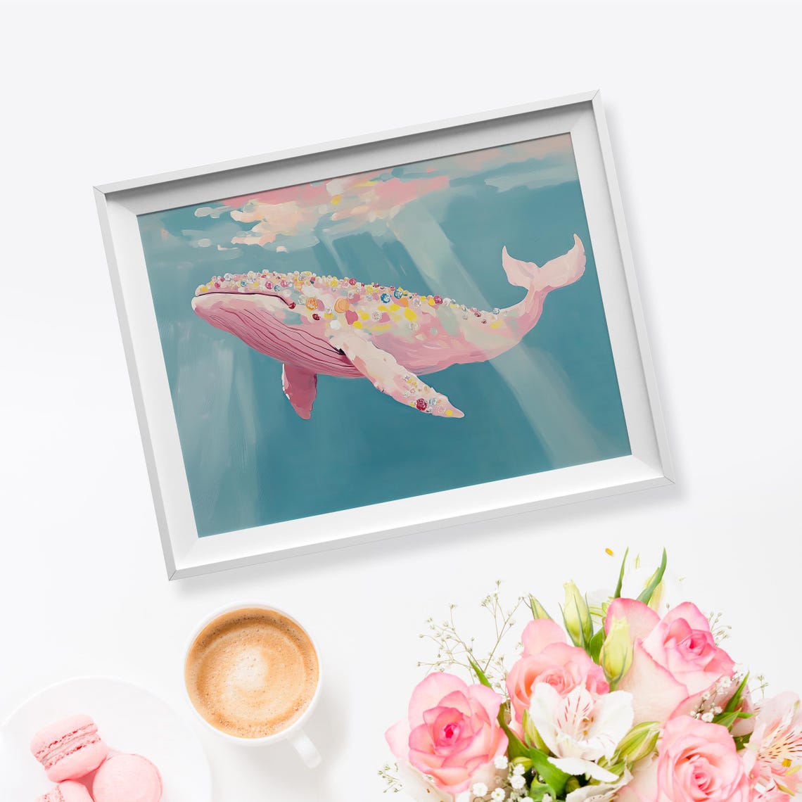 Pink Whale With Gemstone Spots Swimming Teal Ocean Art Poster - Image 5