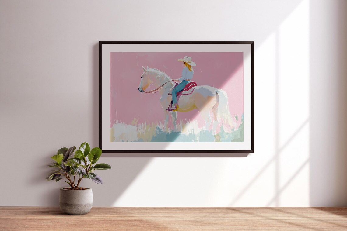 Cowgirl Riding White Horse Pink Pastel Western Equestrian Art Poster - Image 4