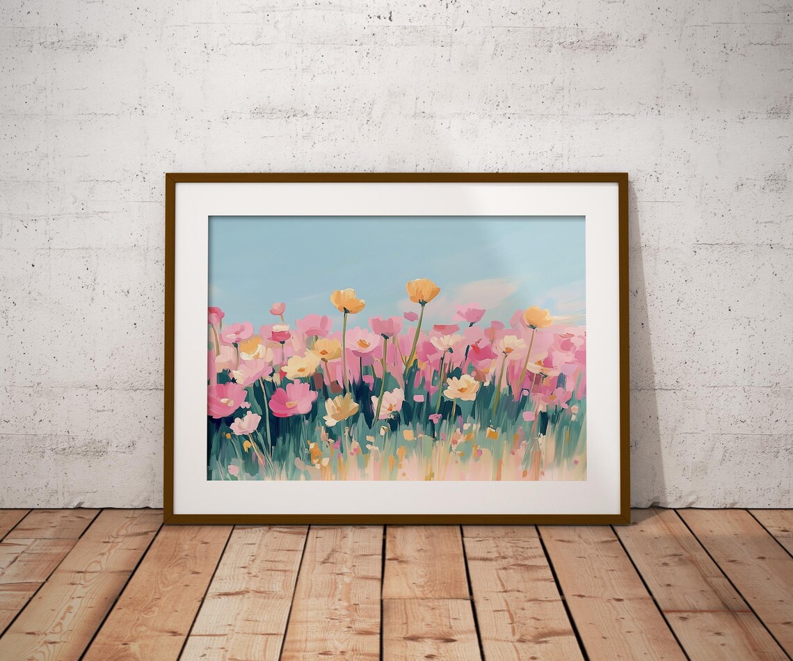 Wild Poppies Field Pink Yellow Blossoms Blue Sky Pastel Painting Poster - Image 2