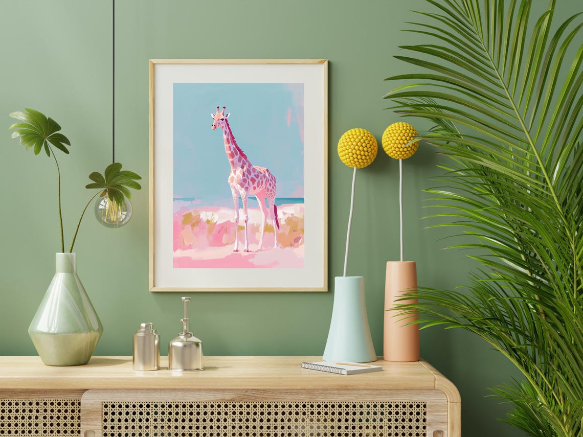 Cute Pink Pastel Giraffe Standing On Savannah Teal Sky Art Print - Image 2