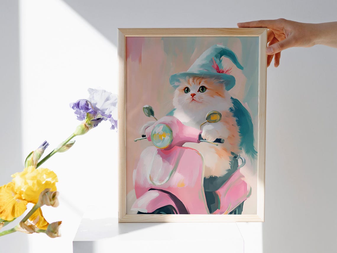 Cute Kitten Riding Pink Scooter Wizard Hat Pastel Cat Portrait Poster - Image 2