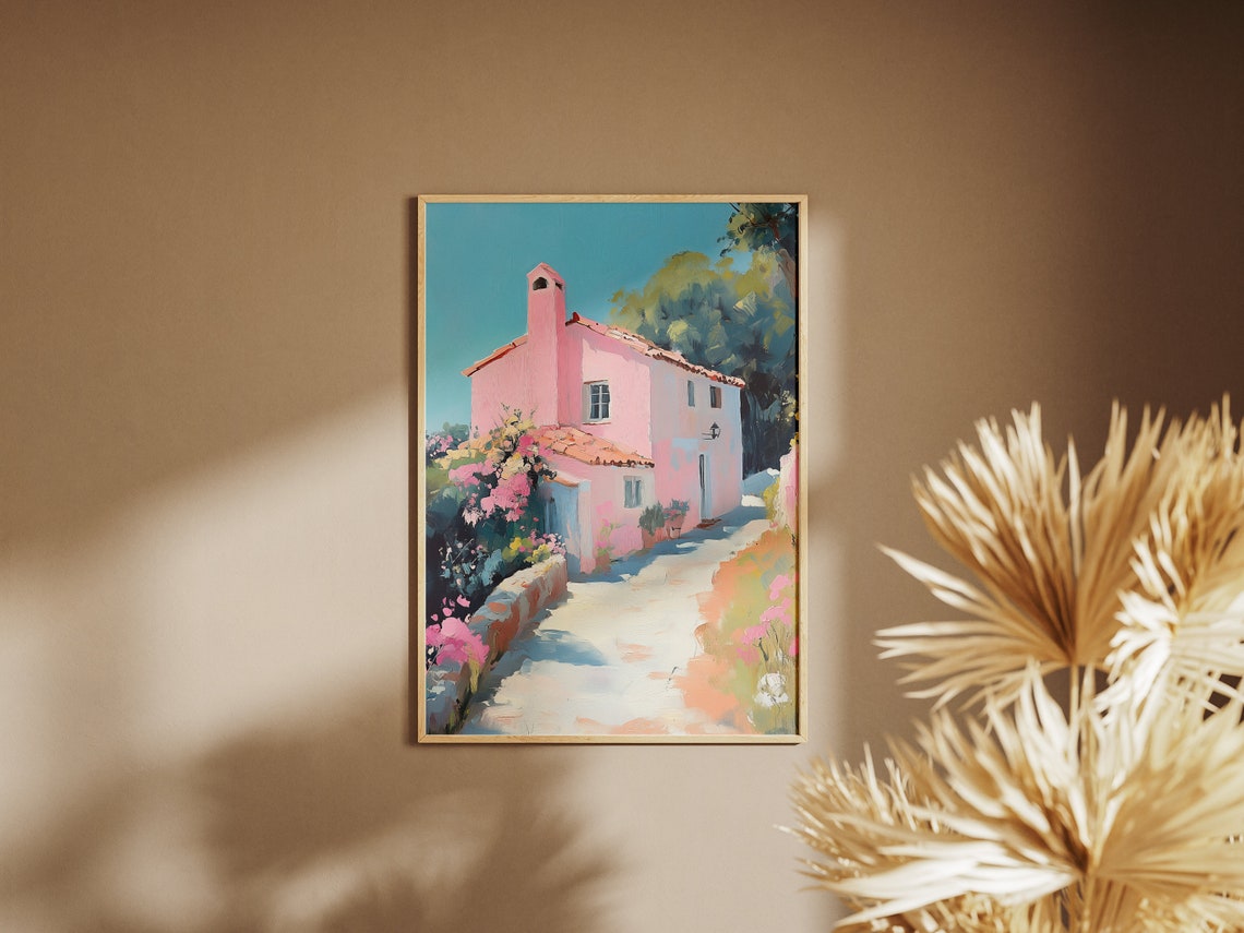 Pink Mediterranean Cottage Impressionist Pastel Village Print - Image 2