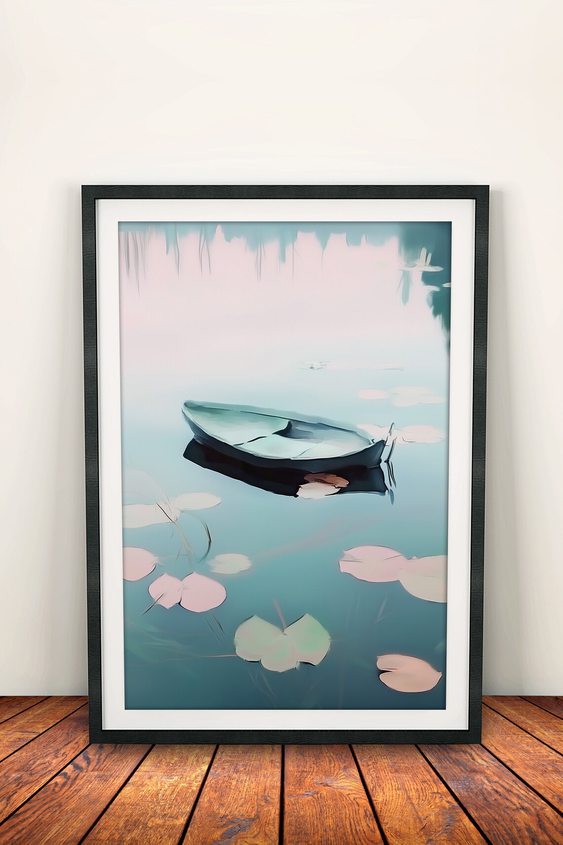 Misty Lake Rowboat Pink Lily Pads Tranquil Morning Wall Art Print - Image 2