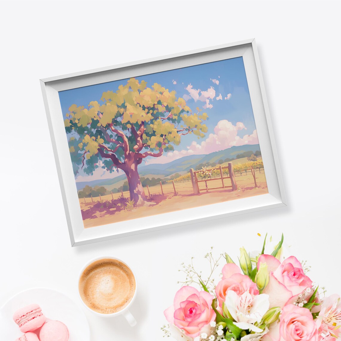 Spreading Tree Golden Meadow Wooden Fence Rolling Hills Art Poster - Image 5