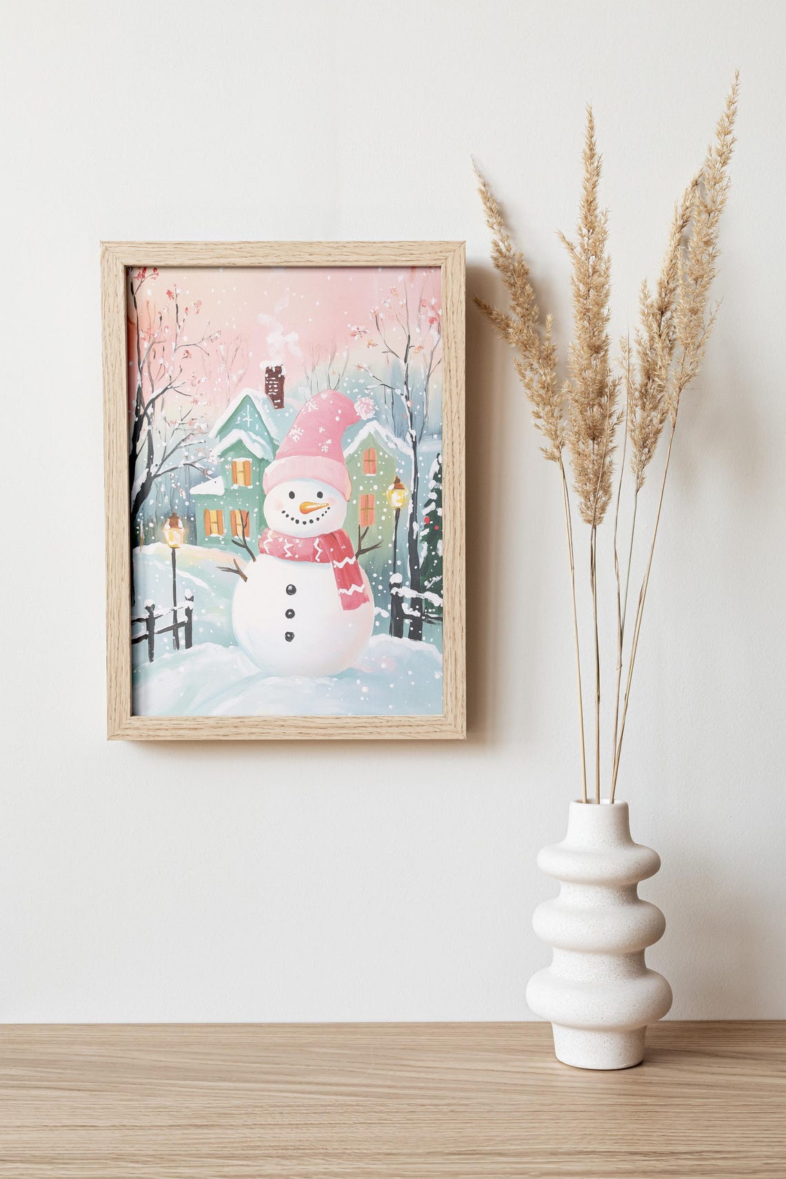 Smiling Snowman In Pink Hat And Red Scarf In Snowy Village Poster - Image 2