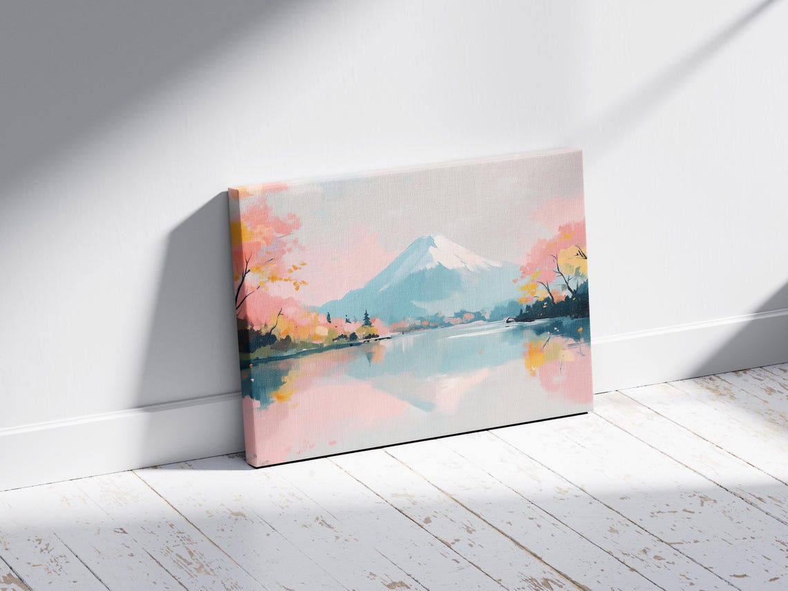Mount Fuji Reflected In Calm Lake Autumn Trees Pastel Travel Poster - Image 2