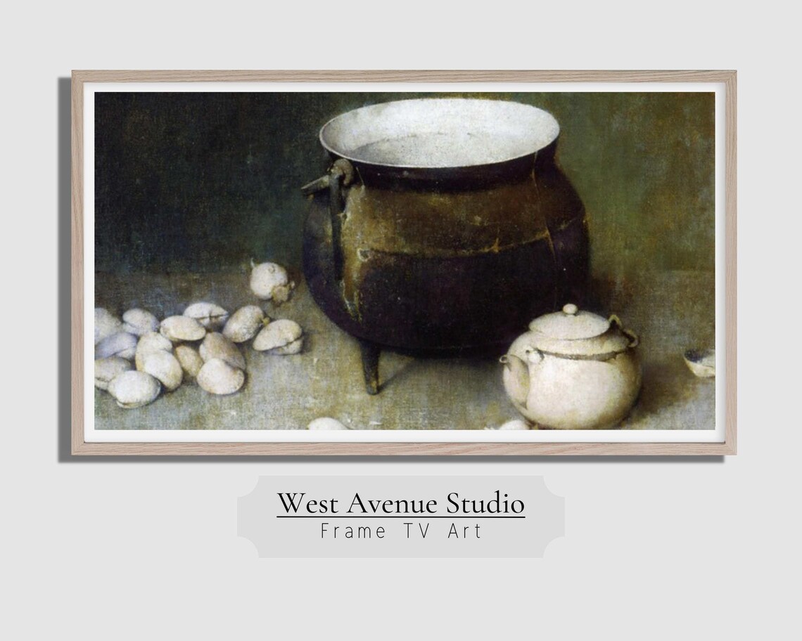 Dark Cauldron White Teapot Vintage Kitchen Still Life Oil Painting Poster - Image 4