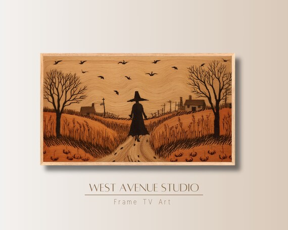 Witch Walking Country Path Wood Grain Folk Art Crows Pumpkins Halloween Poster