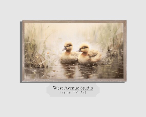 Two Vintage Ducklings Swimming in Pond Soft Spring Farmhouse Easter Art Poster
