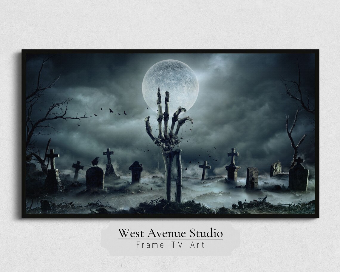 Spooky Graveyard Skeleton Hand Reaching Full Moon Misty Night Horror Art Poster - Image 5