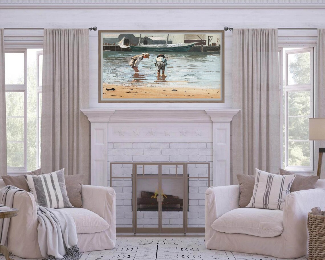 Vintage Boys Wading Harbor Fishing Boat Summer Beach Painting Poster - Image 2