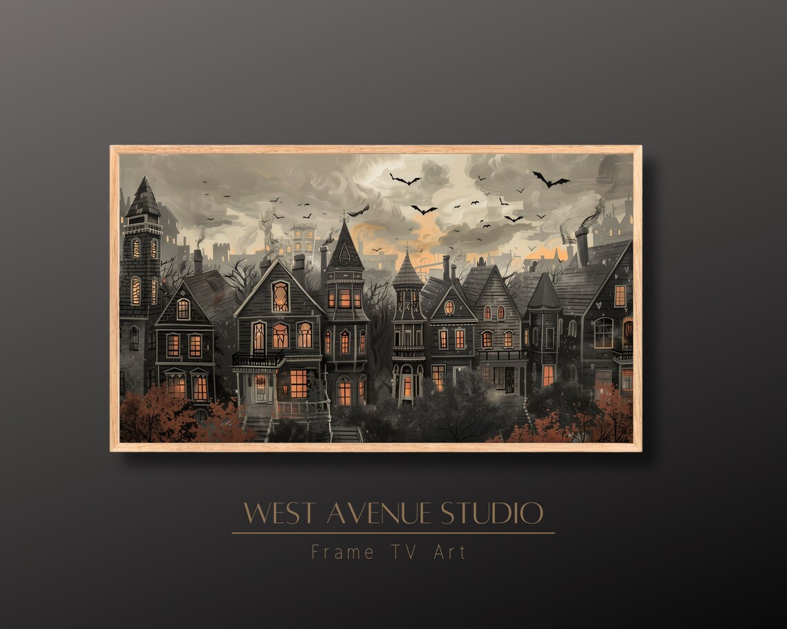 Spooky Victorian Town Twilight Bats Haunted Houses Lit Windows Art Poster
