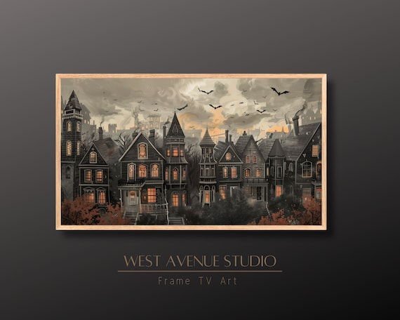Spooky Victorian Town Twilight Bats Haunted Houses Lit Windows Art Poster